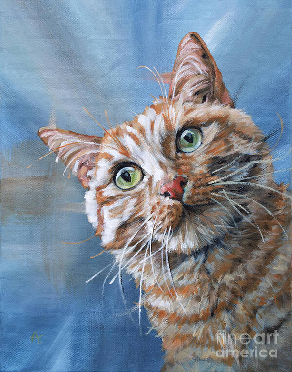 Cat Art Print featuring the painting Tuna Time - Orange Cat Painting on Blue by Annie Troe