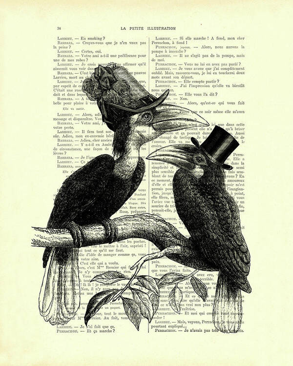Hornbill Art Print featuring the digital art Victorian style hornbill bird couple by Madame Memento