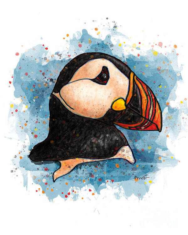 Watercolor Art Print featuring the painting Watercolor puffin splatter art, Puffin head by Nadia CHEVREL