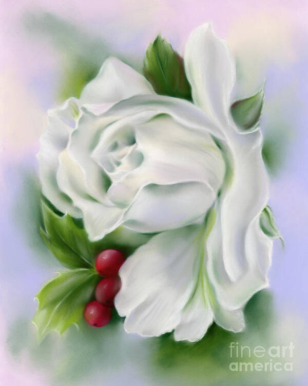 Botanical Art Print featuring the painting White Rose and Winter Holly by MM Anderson