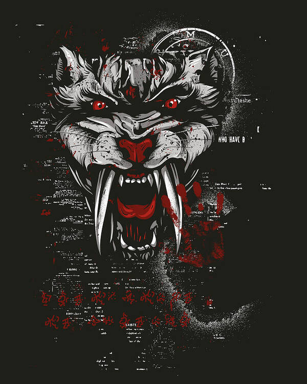 Saber-tooth Cat Art Print featuring the digital art Wild Saber-tooth tiger black and red by Matthias Hauser