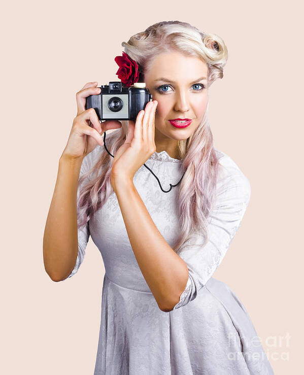 Pin-up Art Print featuring the photograph Woman using retro film camera by Jorgo Photography