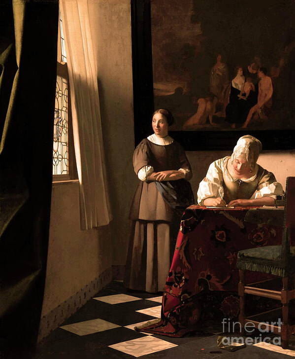 Woman Writing A Letter Art Print featuring the painting Woman Writing a Letter with her Maid by Alexandra Arts