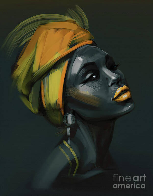 Africanwoman Art Print featuring the painting Yellow African lady by Gull G