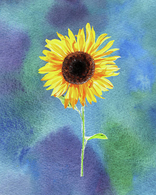 Sunflower Art Print featuring the painting Yellow Flower Happy Sunflower On Blue Emerald Watercolor III by Irina Sztukowski