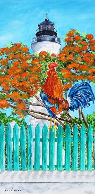 Landscape Art Print featuring the painting Lighthouse Rooster II by Linda Cabrera