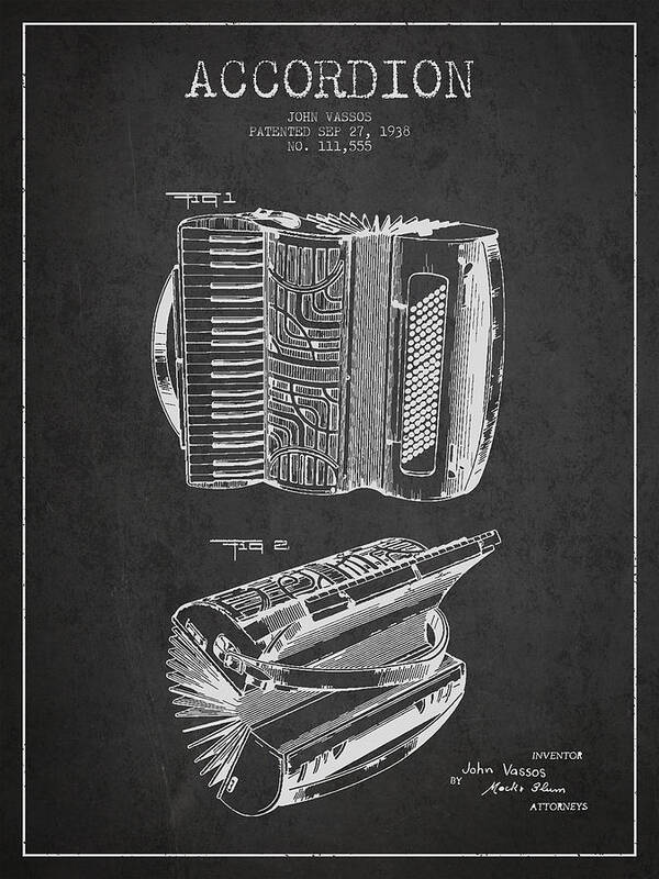 Accordion Art Print featuring the digital art Accordion Patent Drawing from 1938 #2 by Aged Pixel