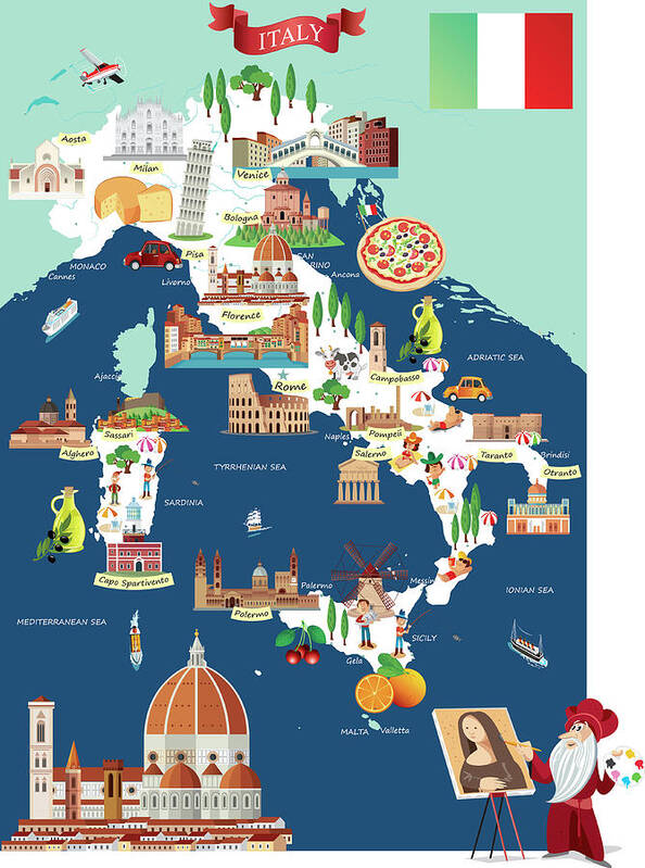 Adriatic Sea Art Print featuring the digital art Cartoon Map Of Italy by Drmakkoy