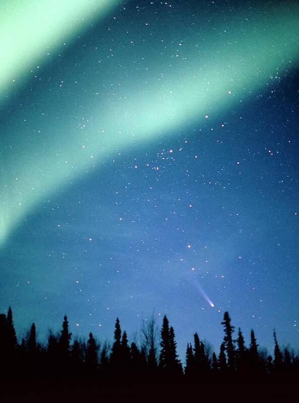 Comet Art Print featuring the photograph Comet Hyakutake With Aurora Borealis #1 by Jack Finch/science Photo Library