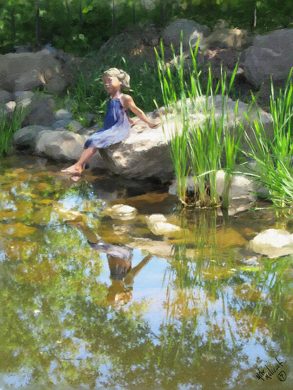 Water Reflection Girl Pond Rocks Transparent Art Print featuring the digital art Girl at the pond by Michael Malicoat