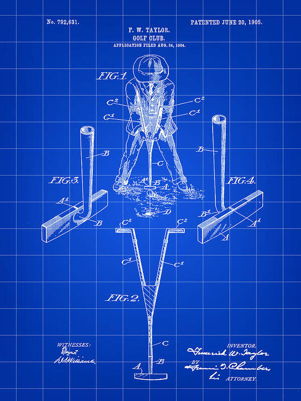 Golf Art Print featuring the digital art Golf Club Patent 1904 - Blue by Stephen Younts