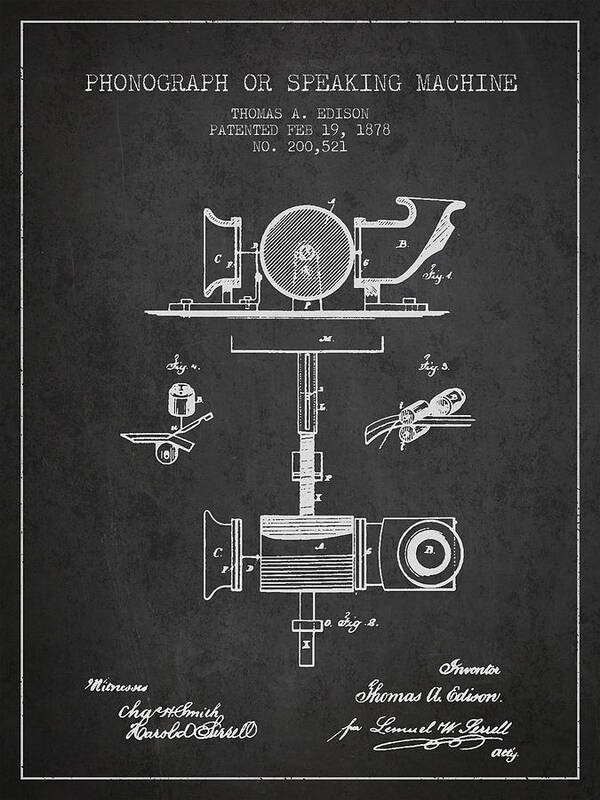 Thomas Edison Art Print featuring the digital art Phonograph or speaking machine patent Drawing from 1878 #3 by Aged Pixel