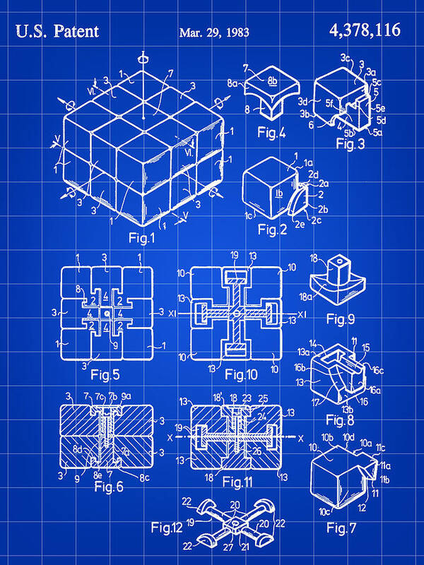 Rubik's Cube Art Print featuring the digital art Rubik's Cube Patent 1983 - Blue by Stephen Younts