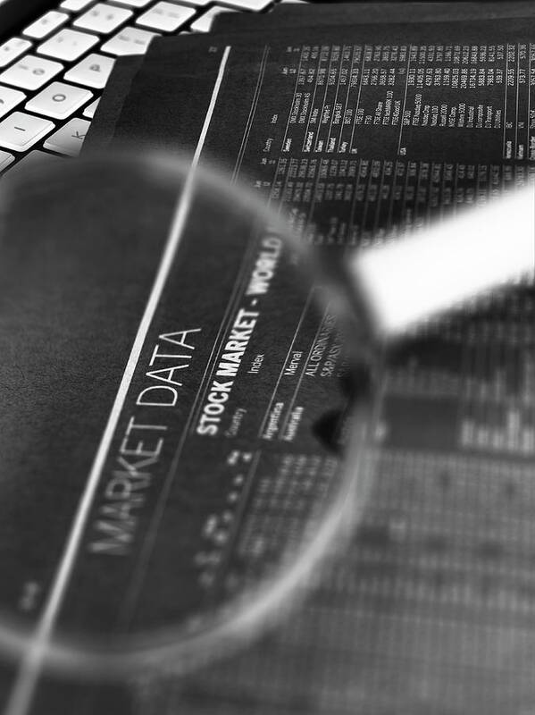 Computer Art Print featuring the photograph Stock Market Figures And Magnifying Glass #1 by Tek Image