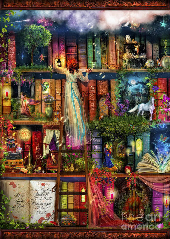 Aimee Stewart Art Print featuring the digital art Treasure Hunt Book Shelf #1 by MGL Meiklejohn Graphics Licensing