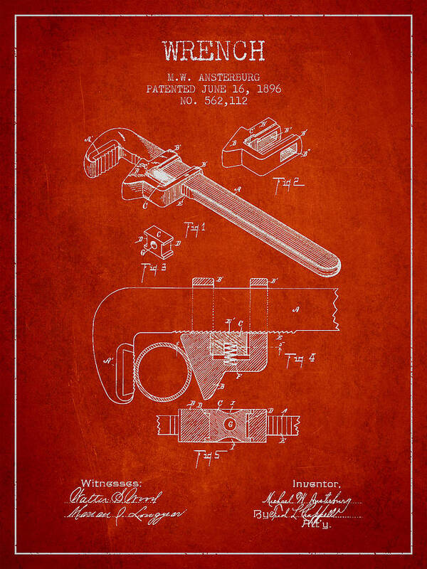 Monkey Wrench Art Print featuring the digital art Wrench patent Drawing from 1896 #2 by Aged Pixel