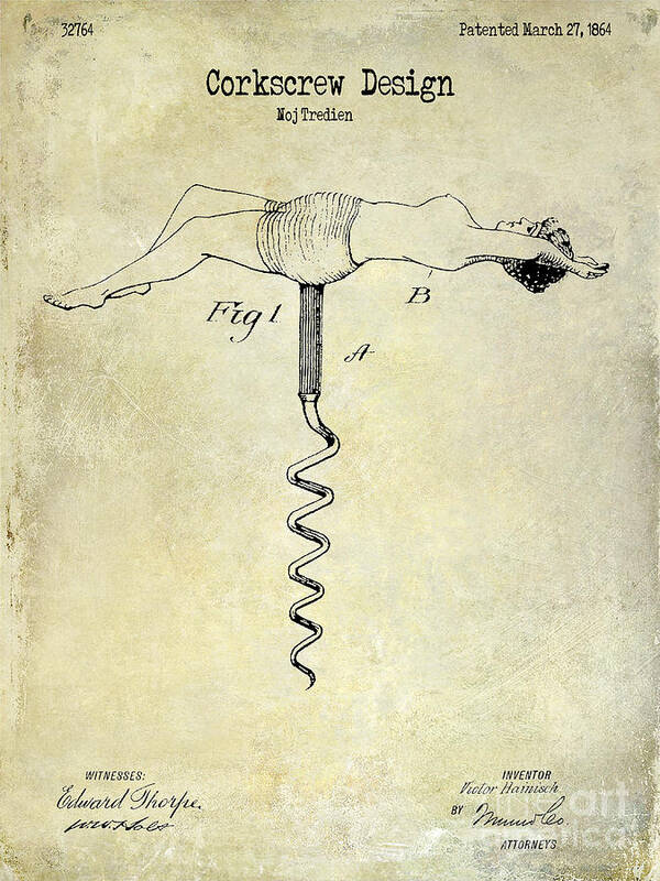 Corkscrew Patent Drawing Art Print featuring the photograph 1864 Nude Corkscrew Patent Drawing by Jon Neidert