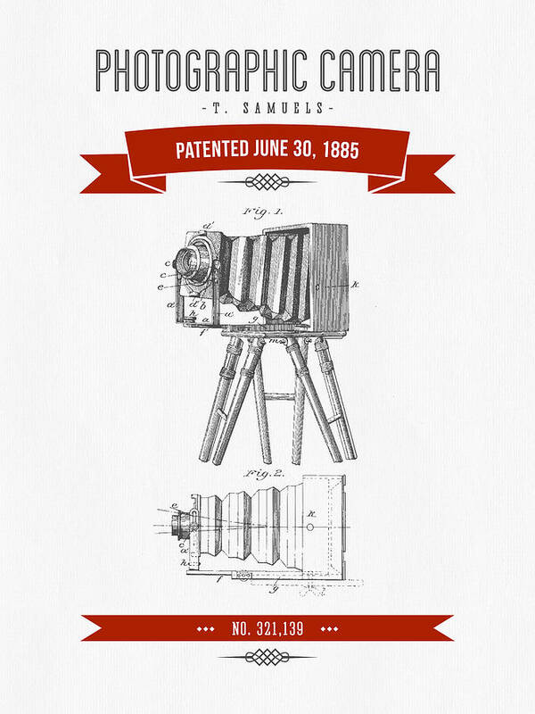 Camera Art Print featuring the digital art 1885 Photographic Camera Patent Drawing - Retro Red by Aged Pixel