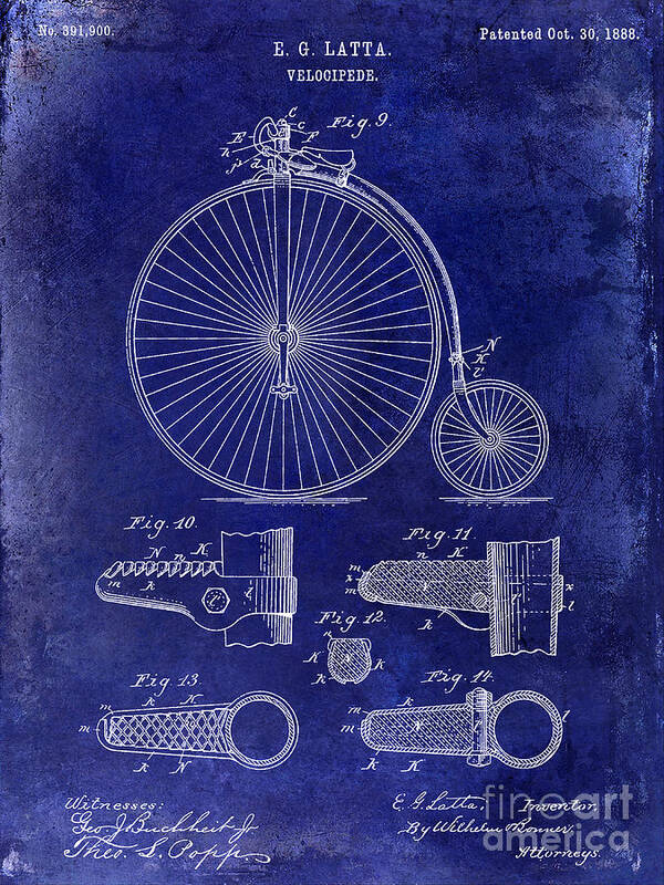 Velocipede Patent Art Print featuring the photograph 1888 Velocipede Patent Drawing Blue by Jon Neidert