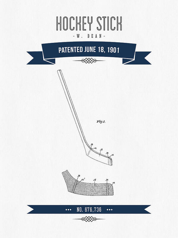 Hockey Art Print featuring the digital art 1901 Hockey Stick Patent Drawing - Retro Navy Blue by Aged Pixel