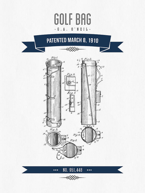 Golf Bag Art Print featuring the digital art 1910 Golf Bag Patent Drawing - Retro Navy Blue by Aged Pixel