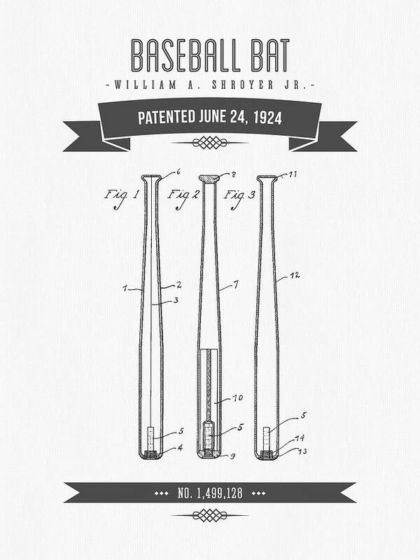 Baseball Art Print featuring the digital art 1924 Baseball Bat Patent Drawing by Aged Pixel