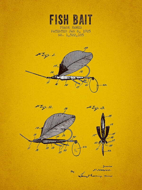 Fishing Art Print featuring the digital art 1925 Fish Bait Patent - Yellow Brown by Aged Pixel