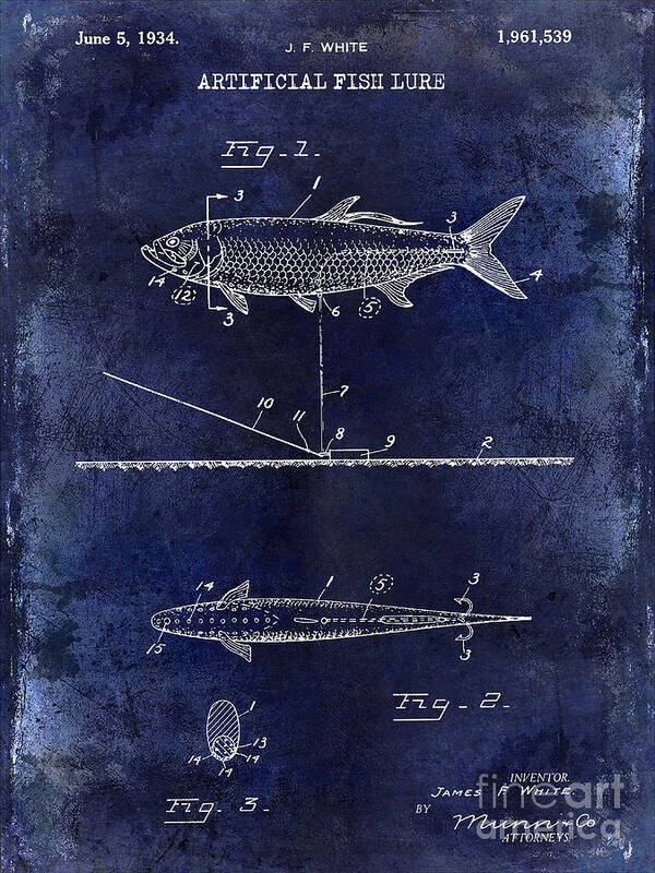 Fish Patent Art Print featuring the photograph 1934 Artificial Fish Lure Patent Drawing Blue by Jon Neidert