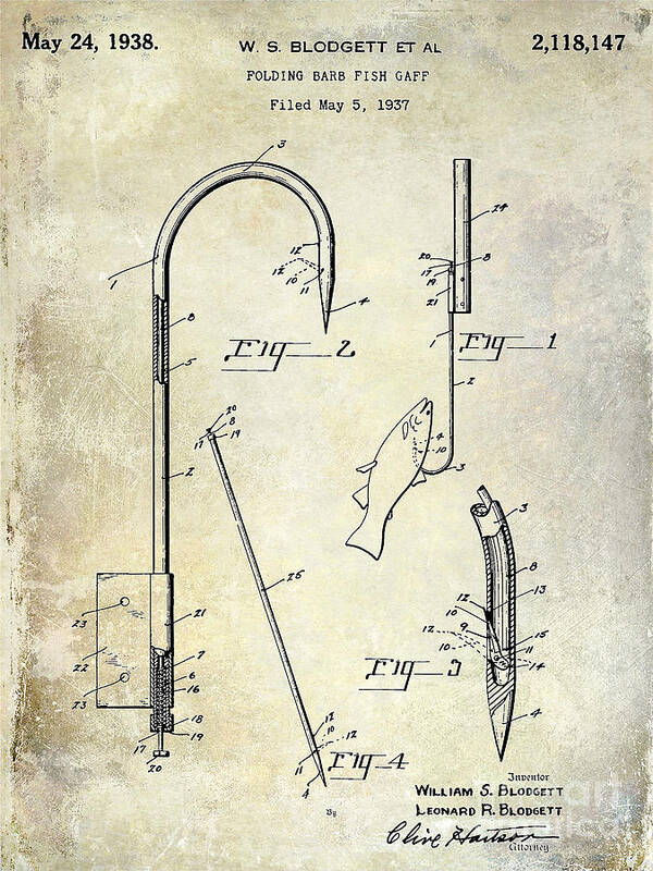 1938 Fishing Gaff Patent Drawing Art Print by Jon Neidert - Fine