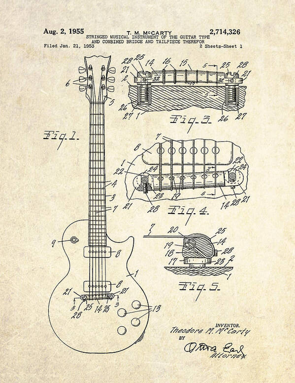 Guitar Art Print featuring the drawing 1955 Gibson Les Paul Patent Drawing by Gary Bodnar