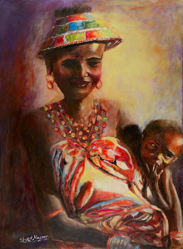Sher Nasser Artist Art Print featuring the painting African Mother and Child by Sher Nasser Artist