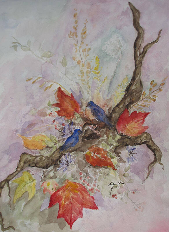 Bluebirds Art Print featuring the painting Autumn Bluebirds #2 by Melanie Stanton