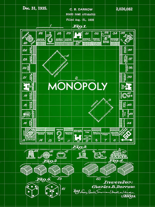 Monopoly Art Print featuring the digital art Monopoly Patent 1935 - Green by Stephen Younts