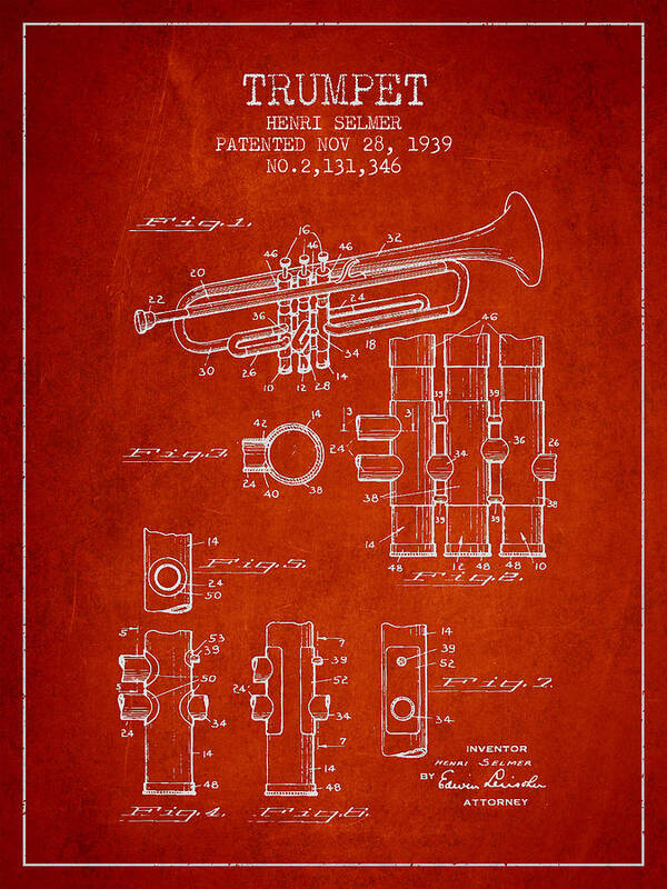 Trumpet Art Print featuring the digital art Trumpet Patent from 1939 - Red by Aged Pixel