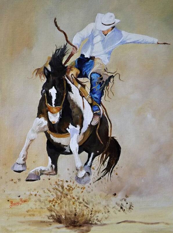 Rodeo Art Print featuring the painting Trying for a 90 #2 by Barry BLAKE