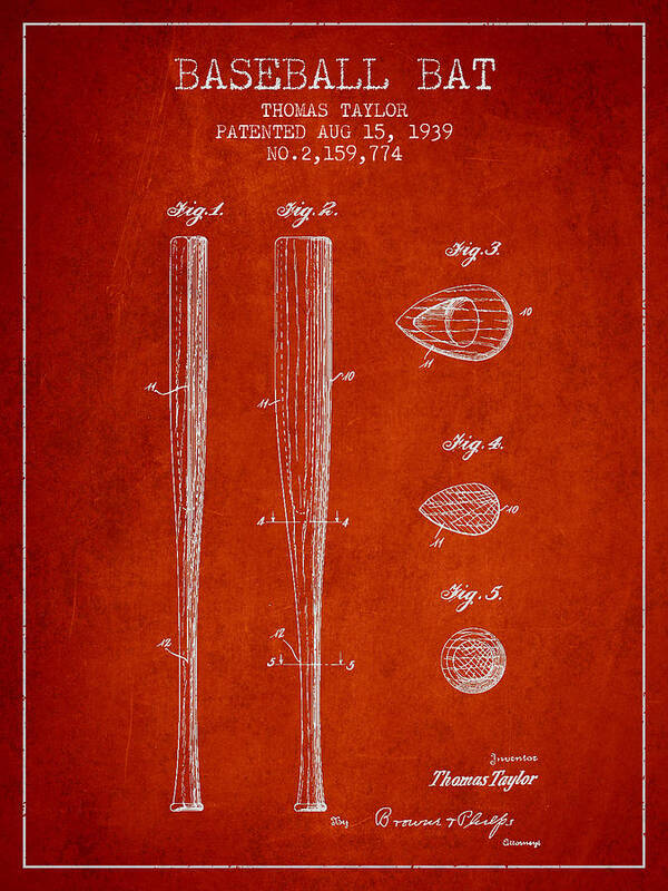 Baseball Bat Art Print featuring the digital art Vintage Baseball Bat Patent from 1939 #6 by Aged Pixel