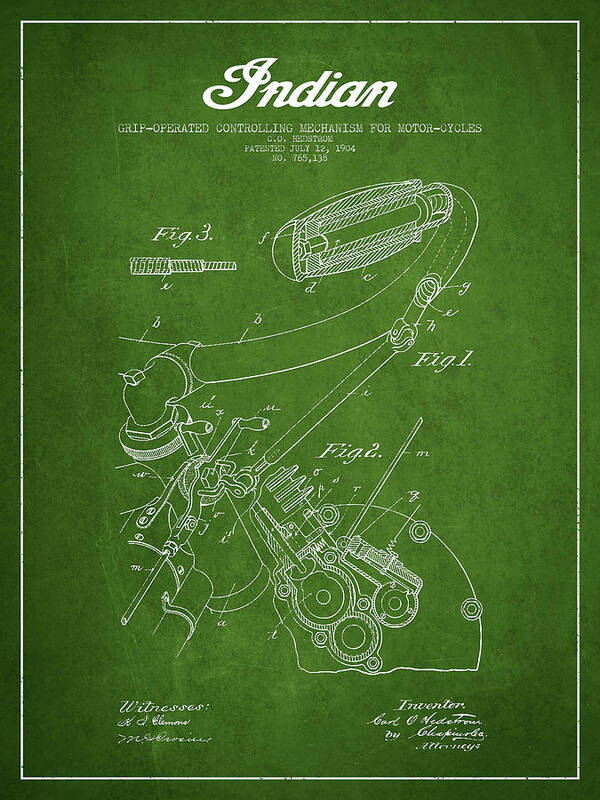 Indian Motorbike Art Print featuring the digital art Indian motorcycle Patent From 1904 - Green by Aged Pixel