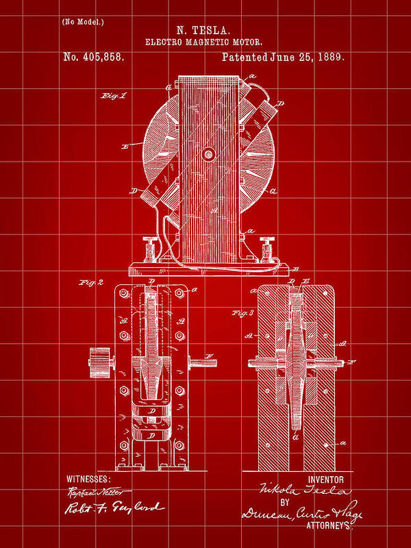 Magnetic Art Print featuring the digital art Tesla Electro Magnetic Motor Patent 1889 - Red by Stephen Younts