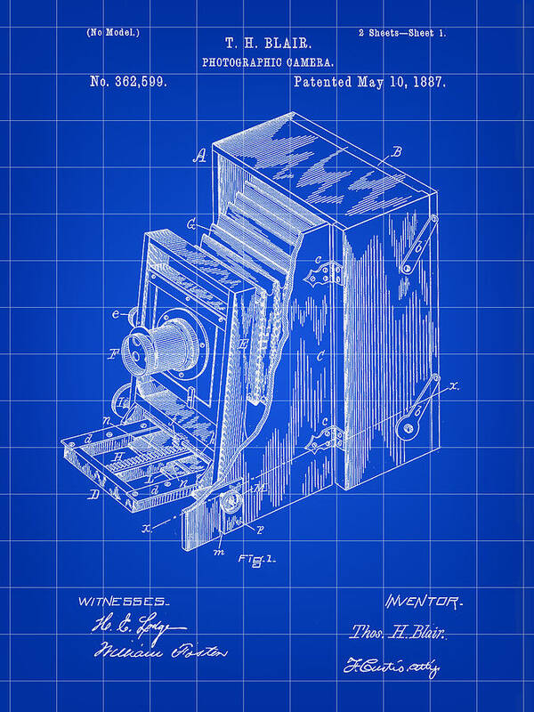 Camera Art Print featuring the digital art Camera Patent 1887 - Blue by Stephen Younts