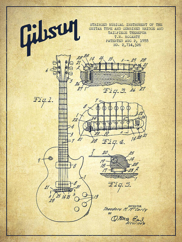 Gibson Art Print featuring the digital art Mccarty Gibson Les Paul guitar patent Drawing from 1955 - Vintage by Aged Pixel