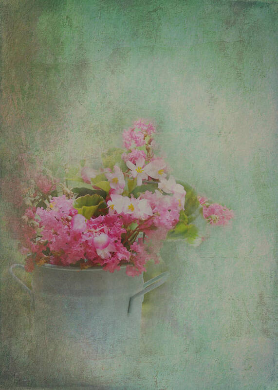 Bucket Art Print featuring the photograph A Bucketful of Pink Cottage Garden Flowers by Carla Parris