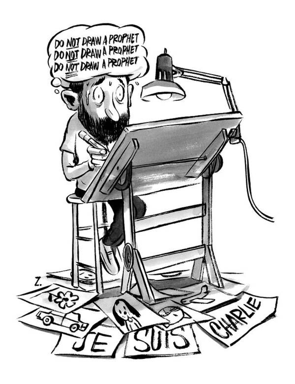 Muhammad Art Print featuring the drawing A Cartoonist Sits At His Desk Drawing. A Thought by Zohar Lazar