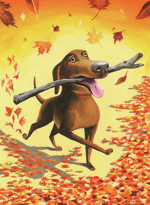 Dog Art Print featuring the digital art A Dog Carries A Stick Through Fall Leaves by Mark Ulriksen