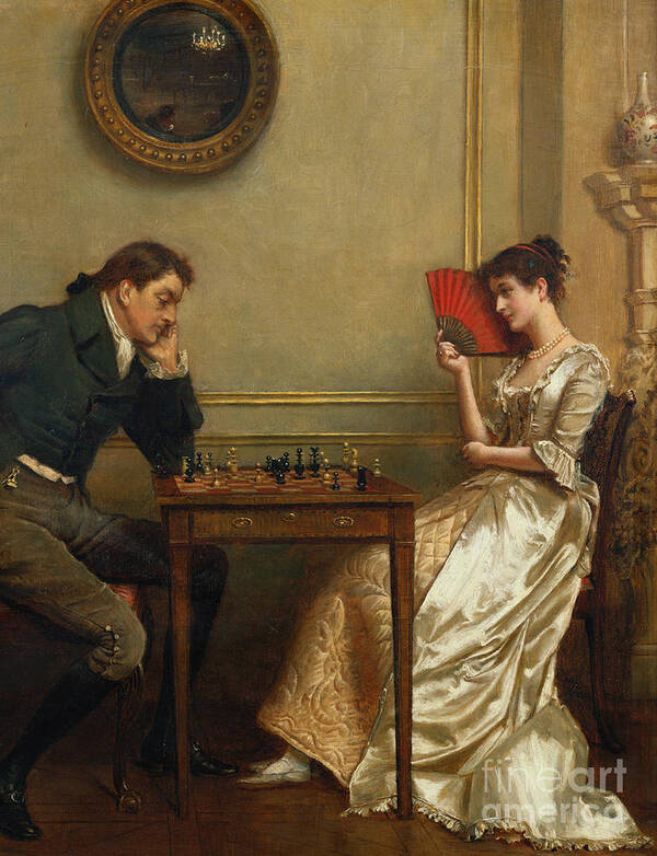 Fan; Mirror; Buckled Shoe; Parquet Floor; Society; Couple; Lovers; Flirtation; Flirting Art Print featuring the painting A Game of Chess by George Kilburne