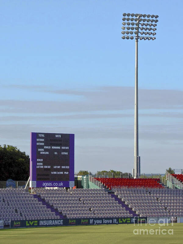 Floodlight Art Print featuring the photograph Ageas Bowl Score Board and Floodlights Southampton by Terri Waters
