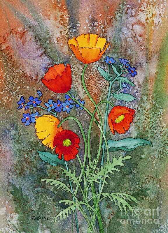 Alaska Poppies And Forget Me Nots Art Print featuring the painting Alaska Poppies and Forgetmenots by Teresa Ascone