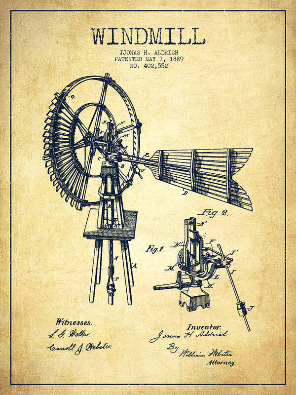 Windmill Art Print featuring the digital art Aldrich Windmill Patent Drawing From 1889 - Vintage by Aged Pixel