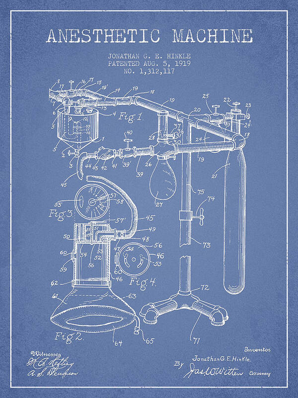 Anesthetic Art Print featuring the digital art Anesthetic Machine patent from 1919 - Light Blue by Aged Pixel