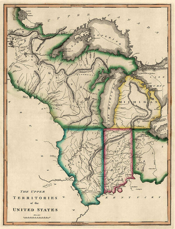 Midwest Us Art Print featuring the drawing Antique Map of the Midwest US by Kneass and Delleker - circa 1810 by Blue Monocle