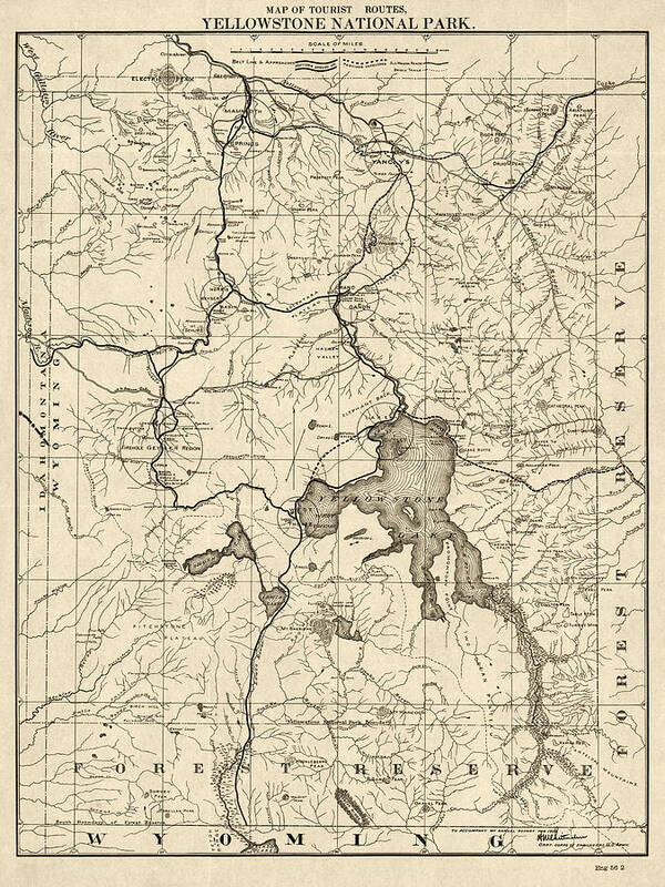 Yellowstone National Park Art Print featuring the drawing Antique Map of Yellowstone National Park by the U. S. War Department - 1900 by Blue Monocle